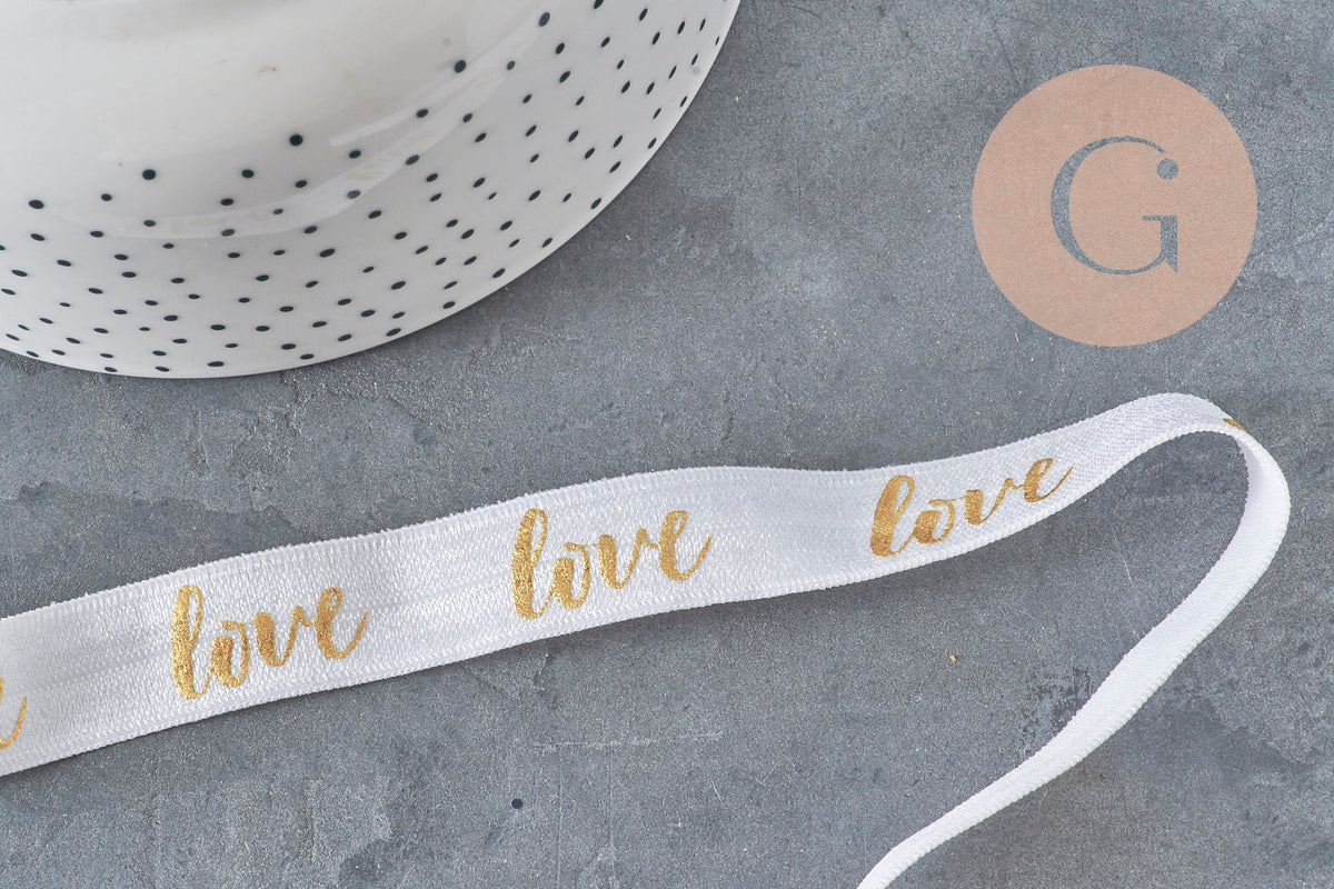 White gold elastic ribbon LOVE EFJF, EVJF bracelet, wedding ribbon, scrapbooking, 16mm, x1 or x5 or x10 meters (G4001)