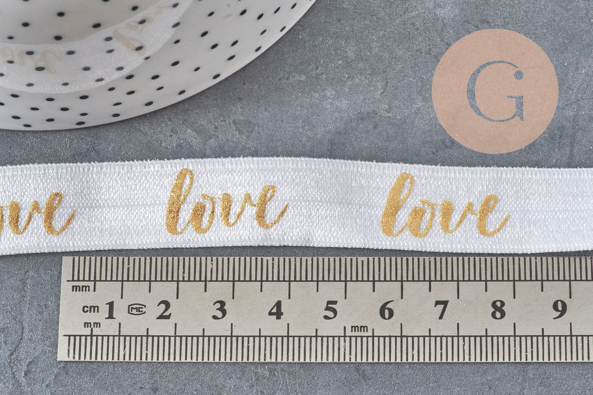 White gold elastic ribbon LOVE EFJF, EVJF bracelet, wedding ribbon, scrapbooking, 16mm, x1 or x5 or x10 meters (G4001)