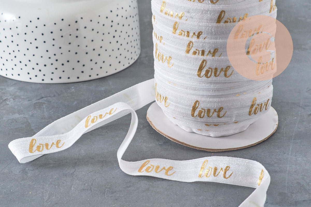 White gold elastic ribbon LOVE EFJF, EVJF bracelet, wedding ribbon, scrapbooking, 16mm, x1 or x5 or x10 meters (G4001)