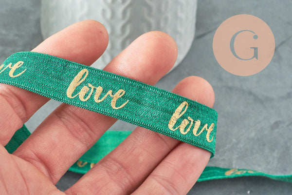 Ruban élastique vert or LOVE EFJF 16mm, x1 mètre (G3759)