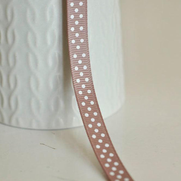 Ruban gros grain polka marrin taupe, fabrication bijoux, ruban pois blancs,ruban mariage, largeur 1cm, longueur 5mètres-G1295