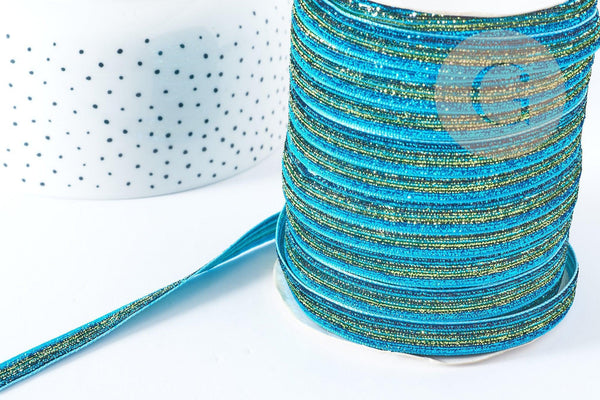 Ruban plat à paillettes polyester nylon bleu 9.5-10mm, fabrication bijoux, x1 Mètre G8907