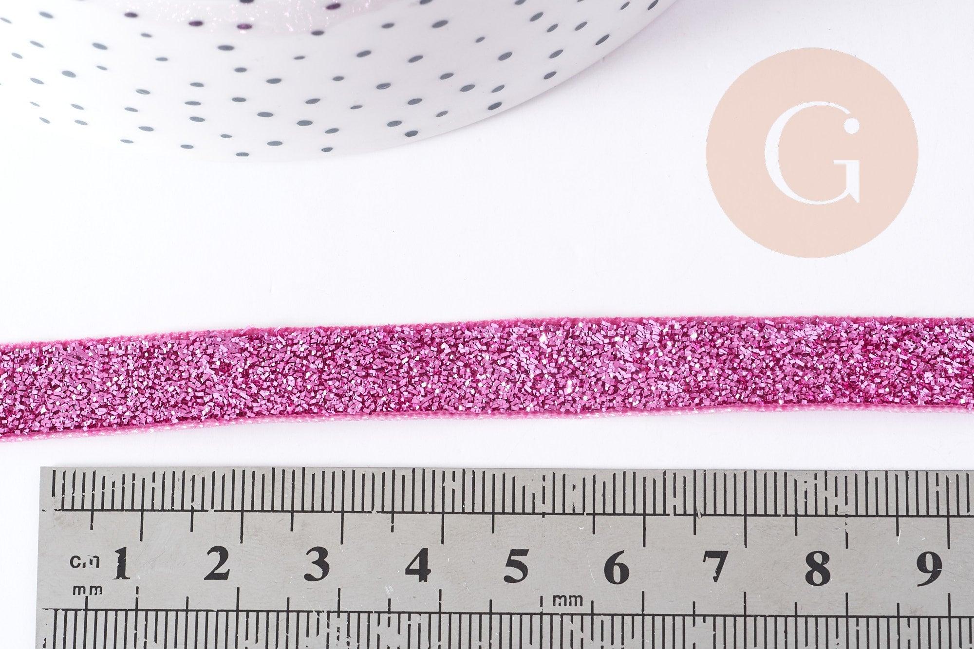 Ruban plat à paillettes polyester nylon rose 9.5-10mm, fabrication bijoux ruban rose, X 1Mètre G8906
