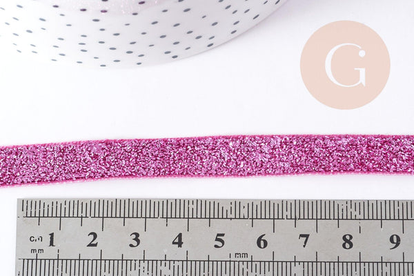 Ruban plat à paillettes polyester nylon rose 9.5-10mm, fabrication bijoux ruban rose, X 1Mètre G8906