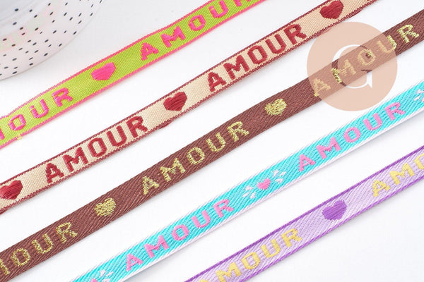 Ruban texte Amour 10mm, un ruban brodé de qualité pour travaux de couture ou création de bijoux, x1 mètre (G10267)
