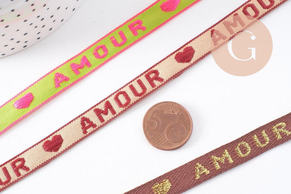 Ruban texte Amour 10mm, un ruban brodé de qualité pour travaux de couture ou création de bijoux, x1 mètre (G10267)