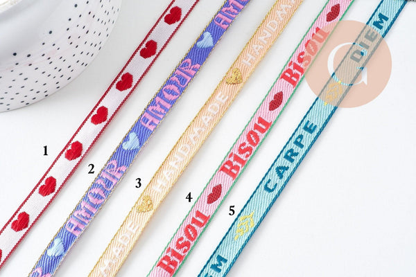 Ruban texte BISOUS 10mm, un ruban brodé de qualité pour travaux de couture ou création de bijoux, x1 mètre (G10830)