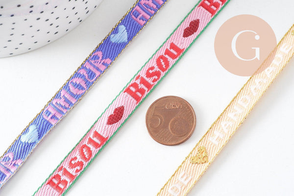 Ruban texte BISOUS 10mm, un ruban brodé de qualité pour travaux de couture ou création de bijoux, x1 mètre (G10830)