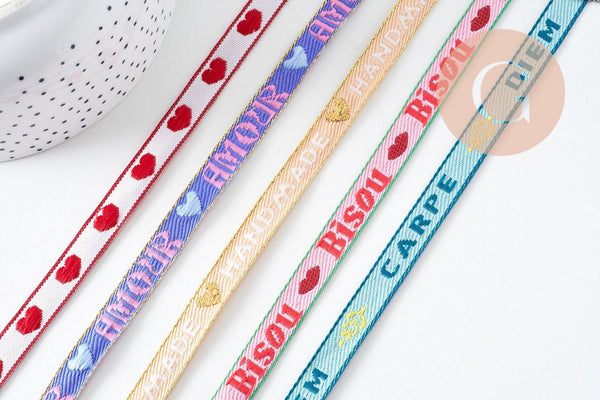 Ruban texte BISOUS 10mm, un ruban brodé de qualité pour travaux de couture ou création de bijoux, x1 mètre (G10830)