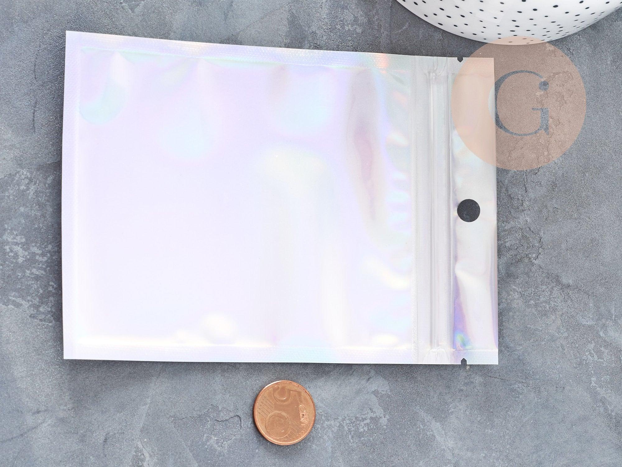 Sacs zippé plastique rectangle gris holographique 10x7cm, x5 (G9037)