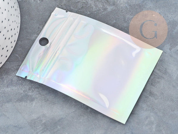 Sacs zippé plastique rectangle gris holographique 10x7cm, x5 (G9037)