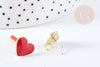 Support Boucles puces zamac doré coeur émail rouge avec anneau 11.5mm, la paire (G8609)