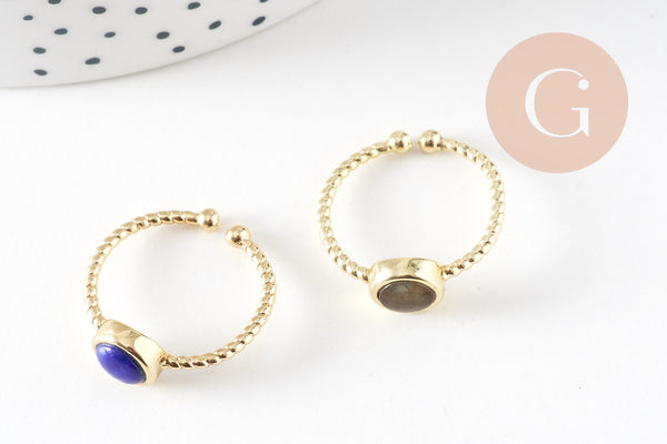 bague réglable torsadée laiton doré cabochon pierre naturelle 20mm, x1 (G4238)