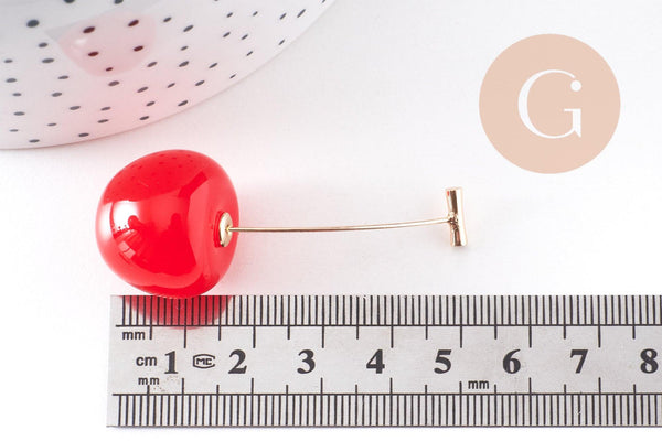 boucles d'oreille cerise résine rouge zamac doré 50mm, la paire (G10355)