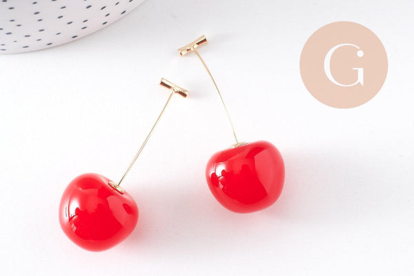 boucles d'oreille cerise résine rouge zamac doré 50mm, la paire (G10355)