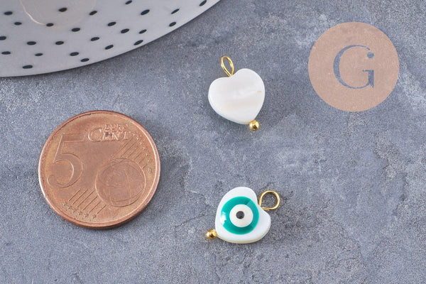 breloque coeur nacre blanche mauvais oeil zamac turquoise doré 15mm, x2 (G10068)