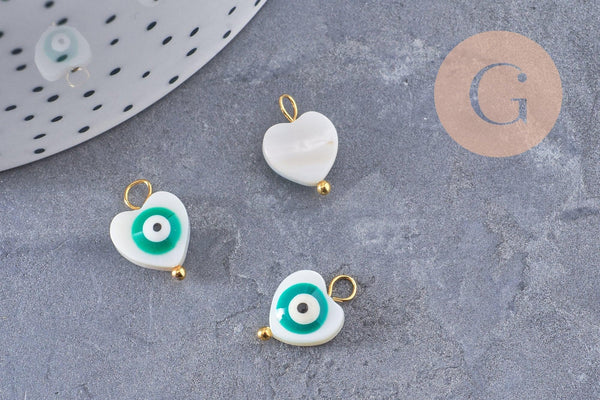 breloque coeur nacre blanche mauvais oeil zamac turquoise doré 15mm, x2 (G10068)