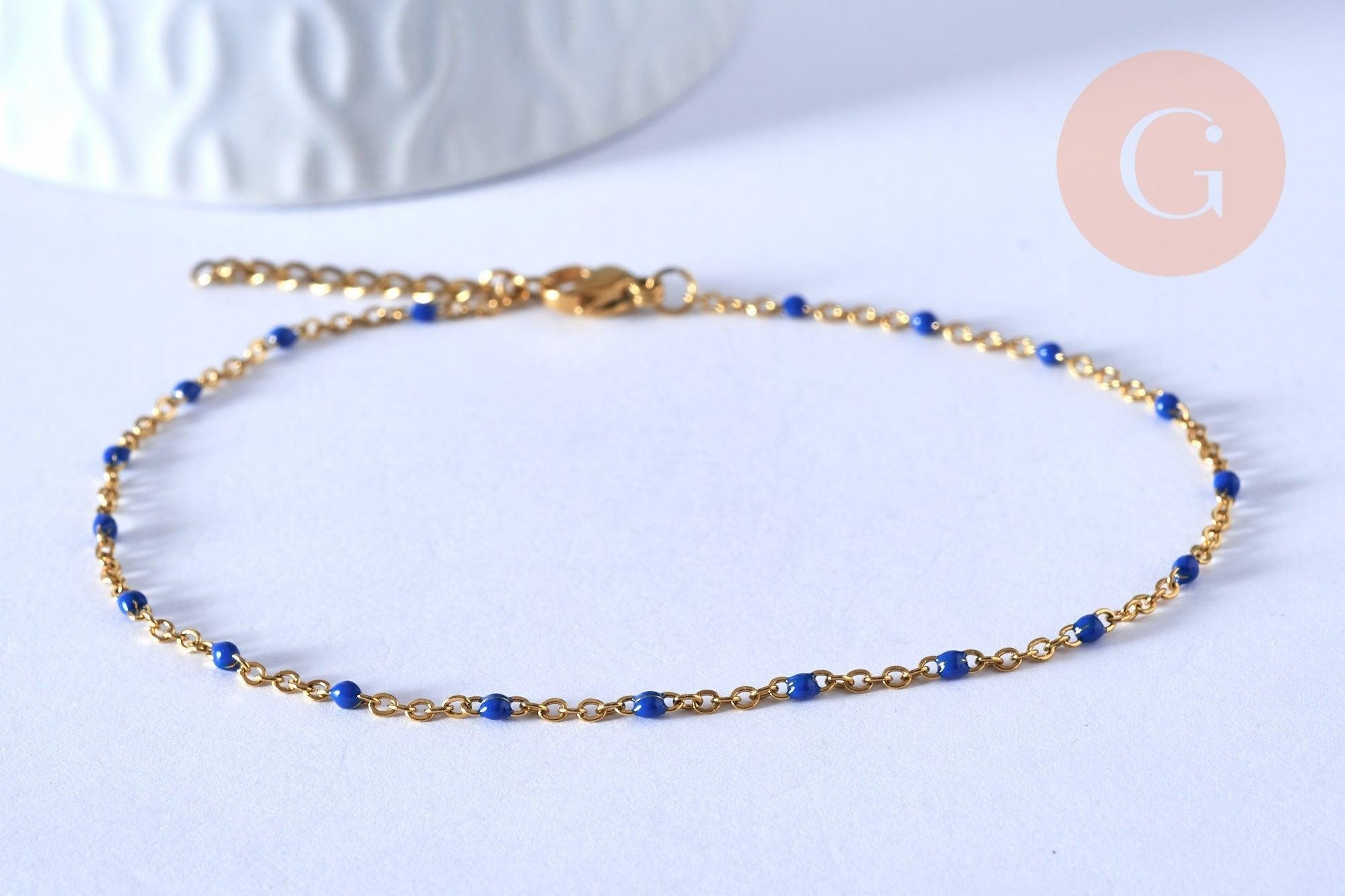 chaine de cheville acier doré 14k résine bleu foncé chaine dorée 1.5-2mm/23cm, x1 (G5405)