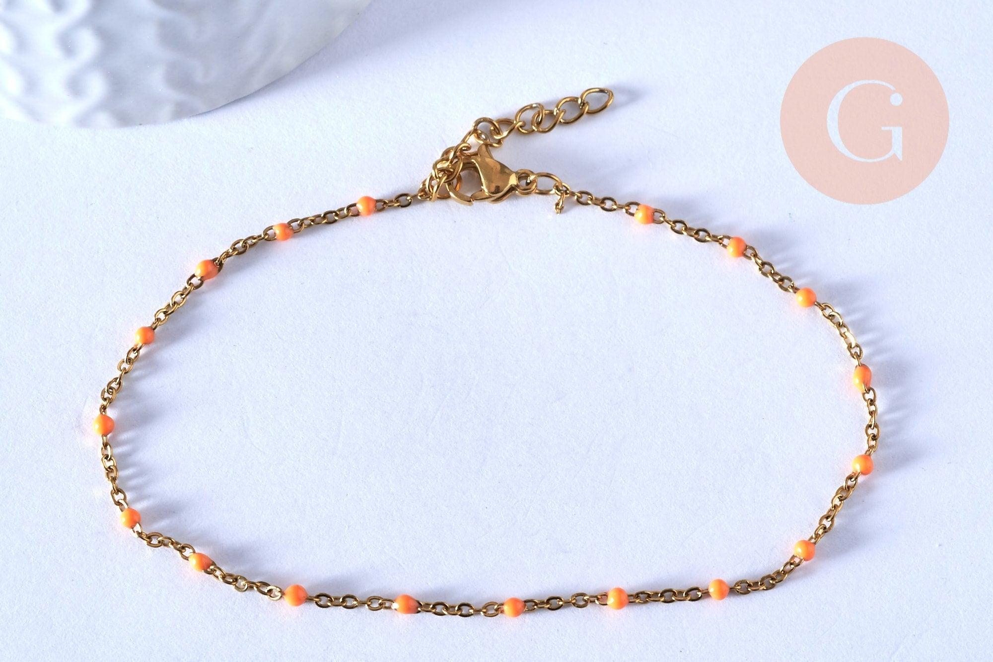 chaine de cheville acier doré 14k résine orange chaine dorée 1.5-2mm/23cm, x1 (G3744)