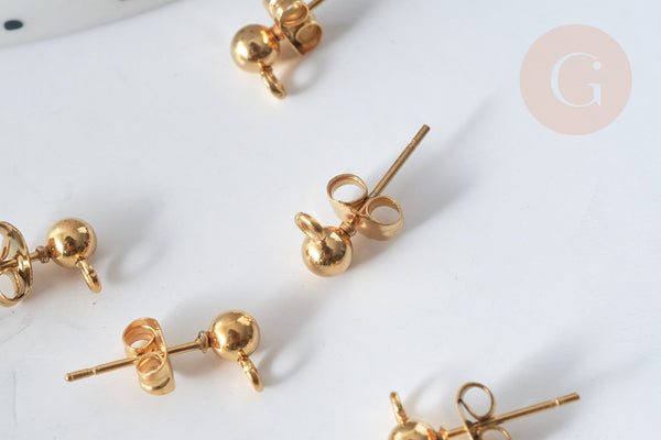 clous puces oreille boule acier doré IP inoxydable 14k anneau et fermoir 4mm, x10-20 ou 50 (G7697)