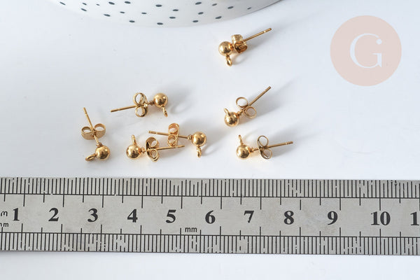clous puces oreille boule acier doré IP inoxydable 14k anneau et fermoir 4mm, x10-20 ou 50 (G7697)