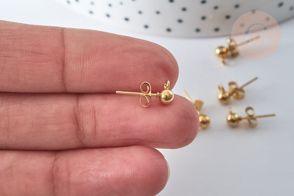 clous puces oreille boule acier doré IP inoxydable 14k anneau et fermoir 4mm, x10-20 ou 50 (G7697)