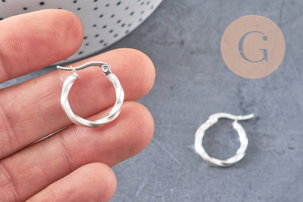 créoles torsadées acier argenté 21mm, x2 (G6807)