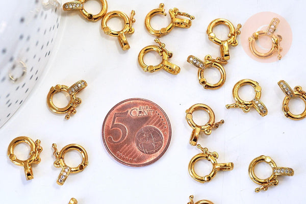 Fermoir à clipser anneau laiton doré 18k zircons 14mm, x1 (G5607)