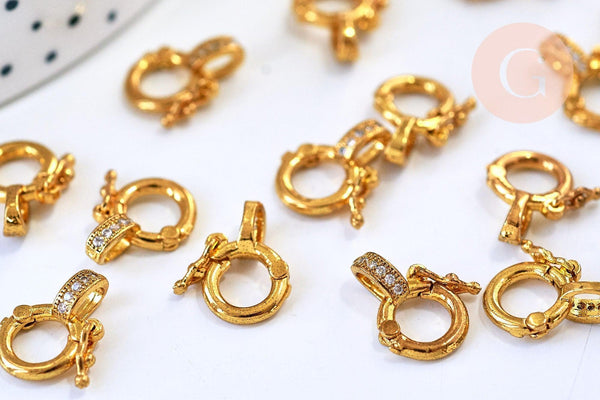 Fermoir à clipser anneau laiton doré 18k zircons 14mm, x1 (G5607)