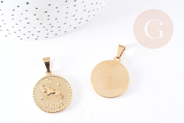 Pendentif médaille ronde Bélier acier 304 inoxydable doré à graver, x1 (G6114)