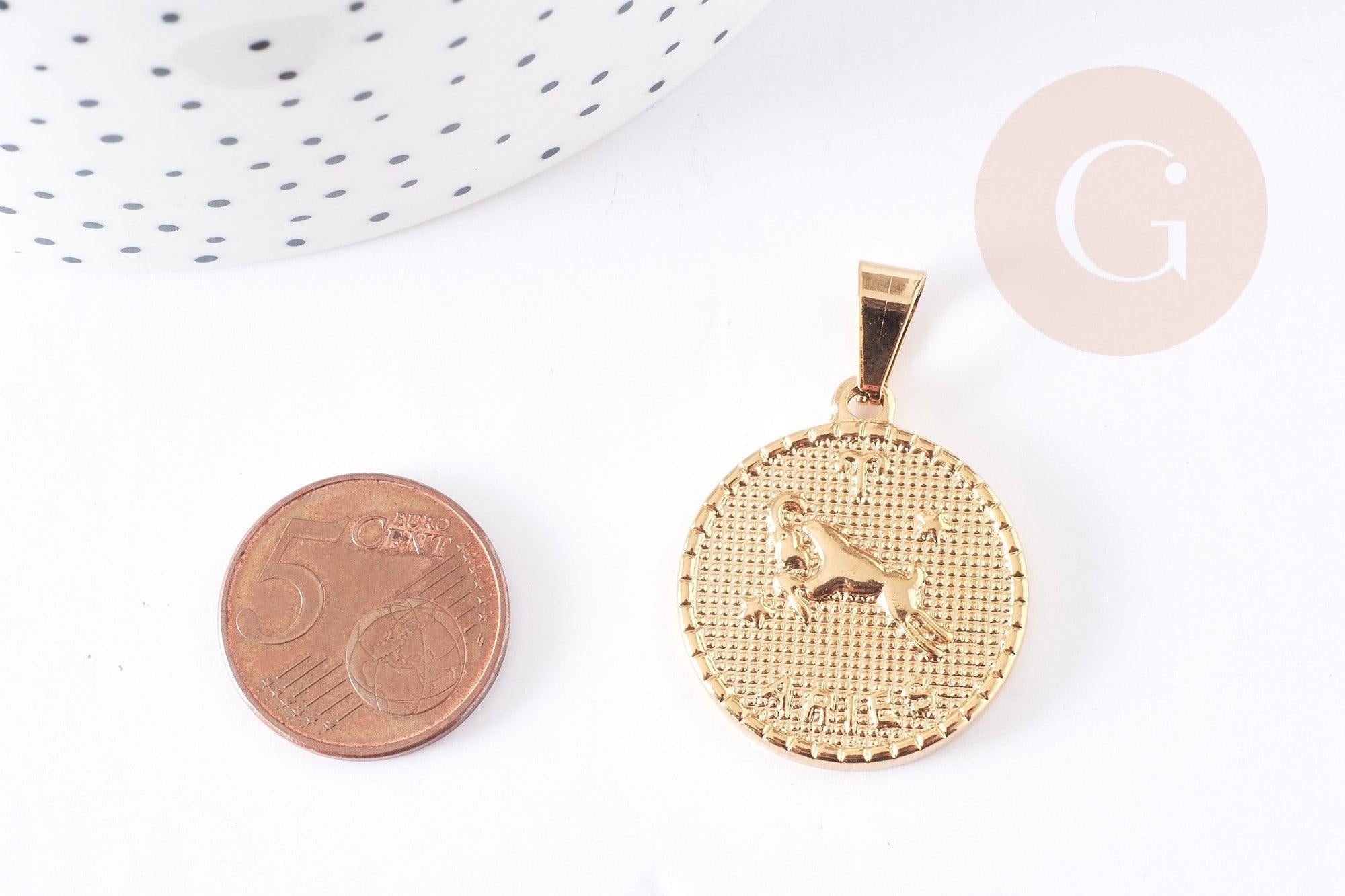 Pendentif médaille ronde Bélier acier 304 inoxydable doré à graver, x1 (G6114)