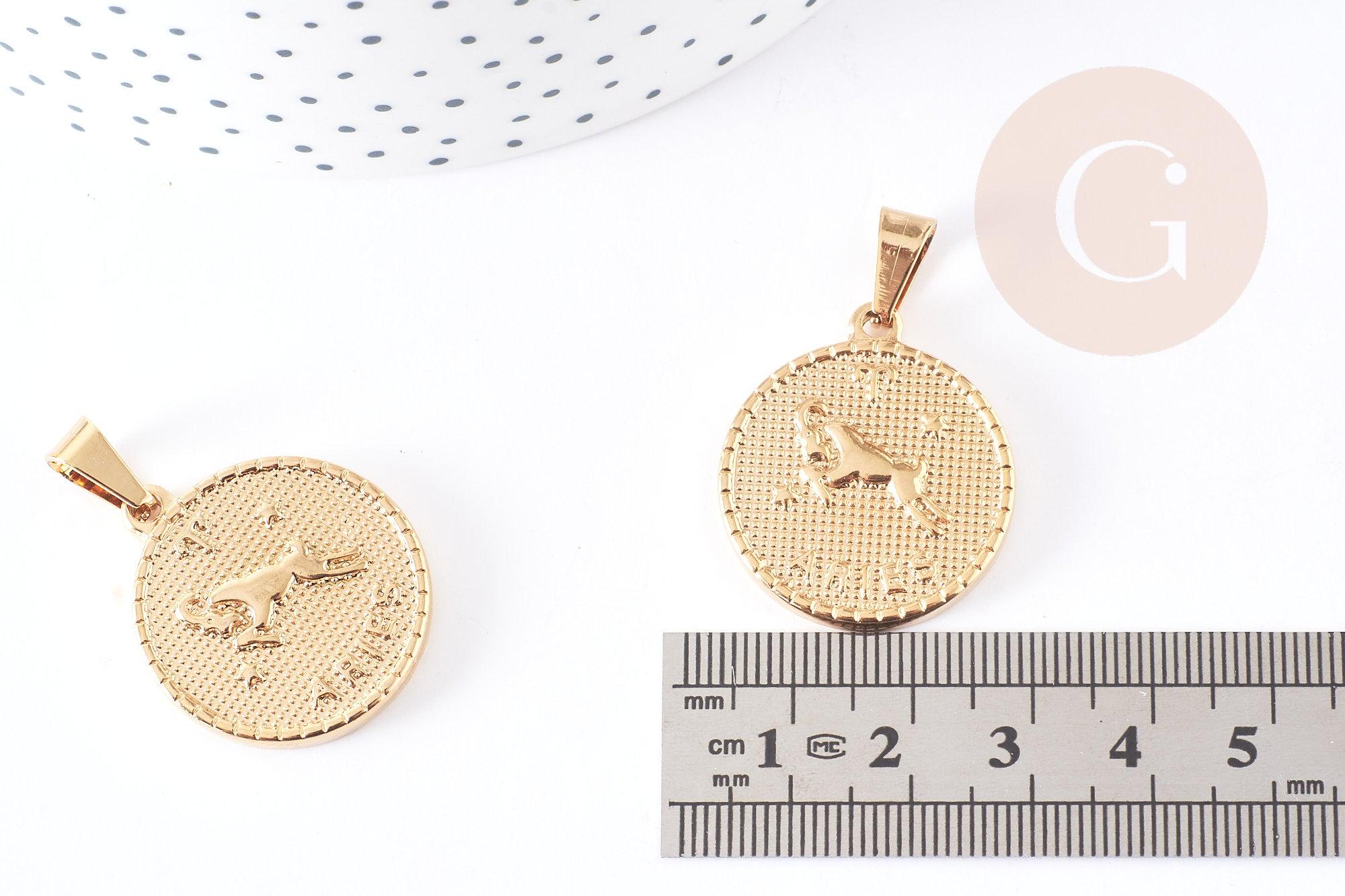 Pendentif médaille ronde Bélier acier 304 inoxydable doré à graver, x1 (G6114)