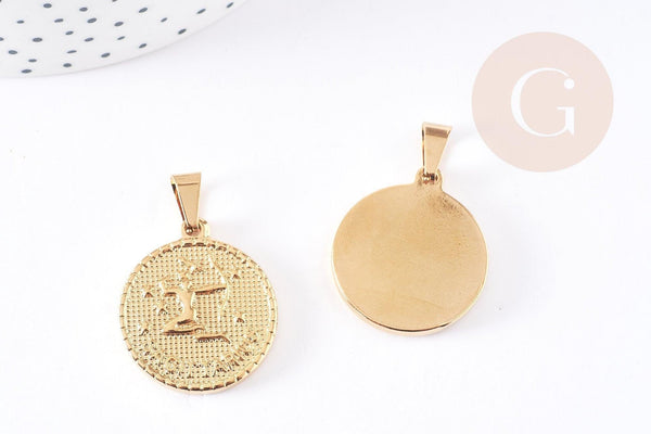 Pendentif médaille ronde Sagittaire acier 304 inoxydable doré à graver, x1 (G2077)