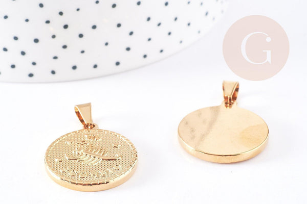 Pendentif médaille ronde Scorpion acier 304 inoxydable doré à graver 29mm, x1 (G0816)