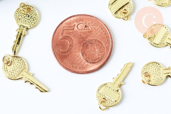 Pendentif breloque clef laiton doré 28.5mm, un pendentif d'amour pour création de bijou doré clé en laiton, x1 (G6173)