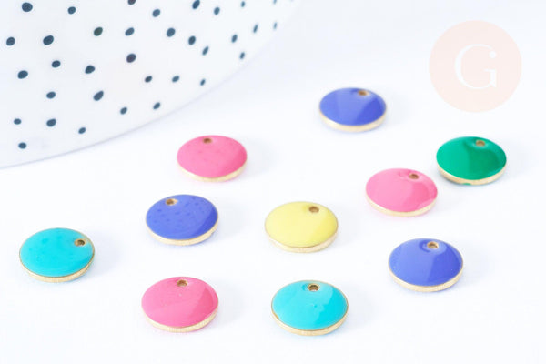 pendentif breloque plate ronde en laiton doré émail multicolore 10mm, x10 (G6995)
