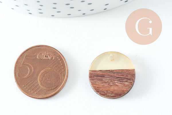 pendentif disque bois résine, bois naturel, perles bois, Perles géométriques,perle ronde,perle ronde bois ,18mm, x5 G1880