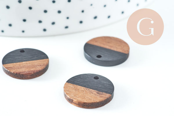 pendentif disque bois résine noire 18mm, création bijoux bois, x5 G2947