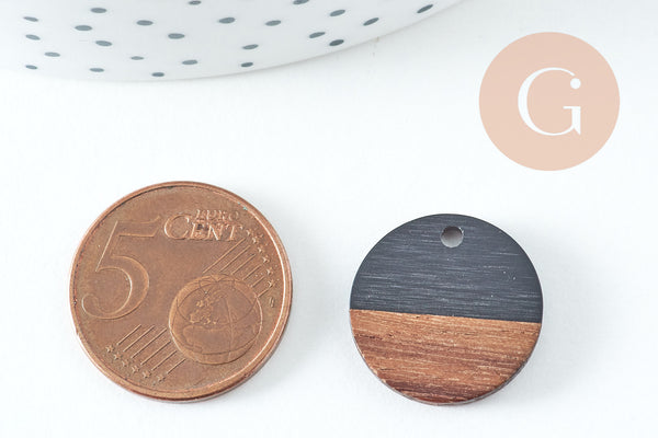 pendentif disque bois résine noire 18mm, création bijoux bois, x5 G2947