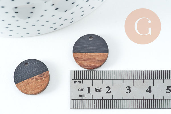 pendentif disque bois résine noire 18mm, création bijoux bois, x5 G2947