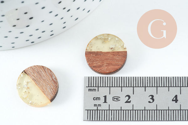 pendentif disque bois résine paillettes, bois naturel, perle bois rond, Perle géométrique,perle ronde,création bijoux bois,18mm, x5, G1994