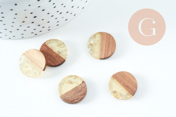 pendentif disque bois résine paillettes, bois naturel, perle bois rond, Perle géométrique,perle ronde,création bijoux bois,18mm, x5, G1994