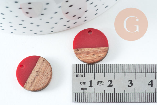 pendentif disque bois résine rouge 18mm, création bijoux bois, x5 G0332