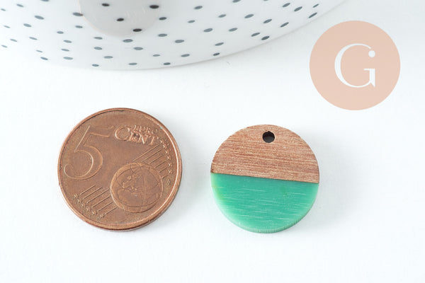 pendentif disque bois résine verte 18mm, création bijoux bois, x5 G0329