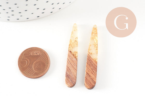 pendentif goutte bois résine feuille d'or 44mm, bois naturel,création bijoux bois,x2,G2518