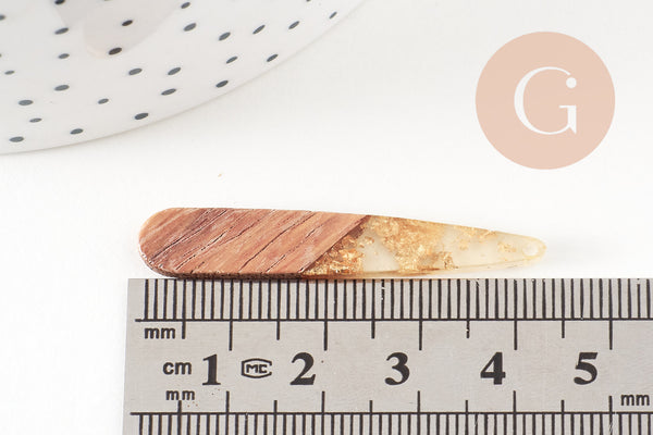 pendentif goutte bois résine feuille d'or 44mm, bois naturel,création bijoux bois,x2,G2518