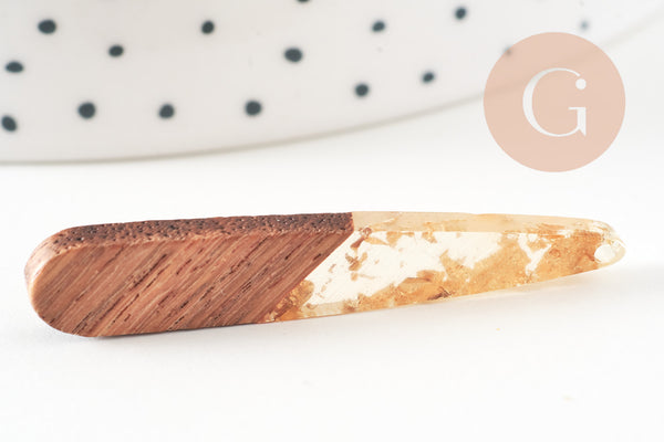 pendentif goutte bois résine feuille d'or 44mm, bois naturel,création bijoux bois,x2,G2518