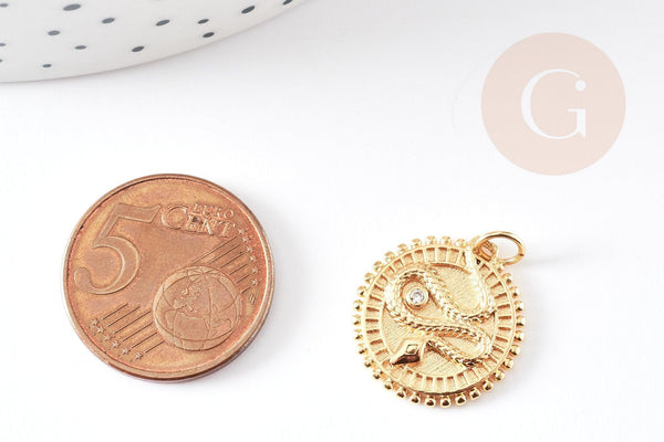 Pendentif médaille serpent laiton doré 18k cristal 18.5mm, pendentif animal zircon, x1 (G4279)