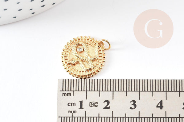 Pendentif médaille serpent laiton doré 18k cristal 18.5mm, pendentif animal zircon, x1 (G4279)