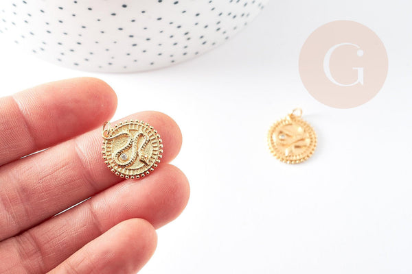 Pendentif médaille serpent laiton doré 18k cristal 18.5mm, pendentif animal zircon, x1 (G4279)